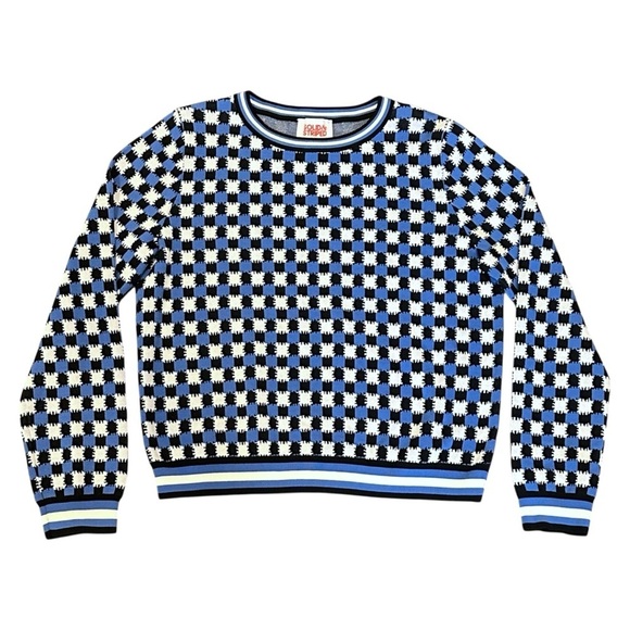 SOLID & STRIPED Mackenzie Checked Stripe Trim Pullover Blue Women’s Large $188 - Picture 3 of 6